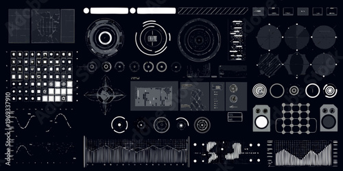 Complex futuristic user interface with various digital elements and data displays