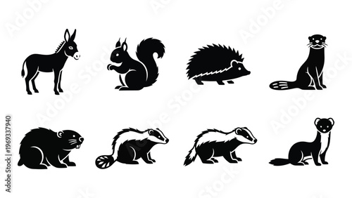 A collection of various woodland creatures presented in a minimalist black graphic style silhouette high quality professional detailed modern elegant stylish