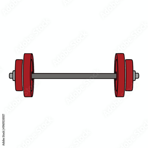 A barbell with red plates and gray ends rests horizontally