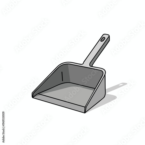 Gray dustpan with handle and shadow against white background