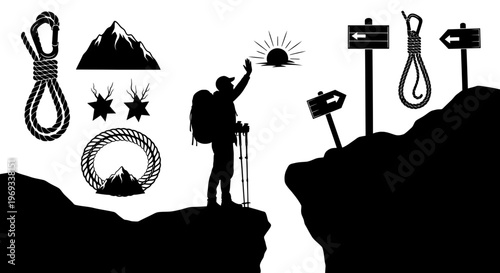 Silhouette of a hiker reaching out on a mountain cliff vector illustration