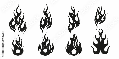 Four stylized black flames arranged in a vertical composition