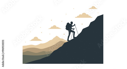 Silhouette of a hiker climbing a mountain against a simple background