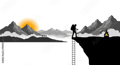 Silhouette of a hiker ascending a ladder with a mountain backdrop at sunrise