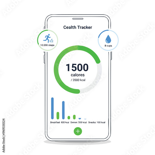 Health tracker app showing 1500 calories consumed, 10,000 steps, and 8 cups of water