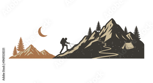 Silhouette of a hiker climbing a mountain moon and tent illustration