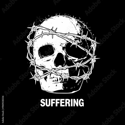 A human skull encased in barbed wire with the word suffering below