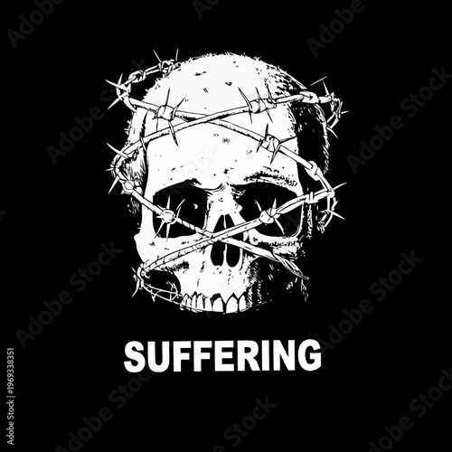 A stark image depicts a skull encircled by barbed wire with the word suffering