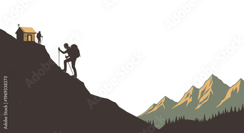 Silhouette of a hiker climbing a mountain towards a cabin on a white background
