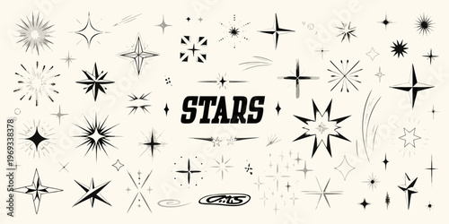 Variety of black starbursts and star shapes against a cream background