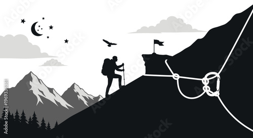 Silhouette of a hiker climbing a mountain towards a goal flag under the night sky
