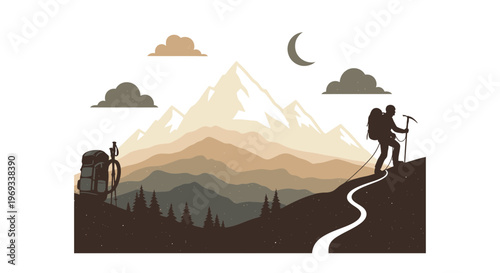 Silhouette of a hiker climbing a mountain path under a crescent moon