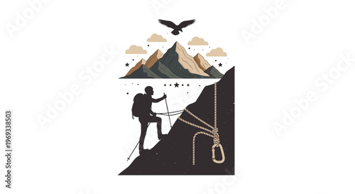 Silhouette of a hiker climbing a mountain with eagle and clouds