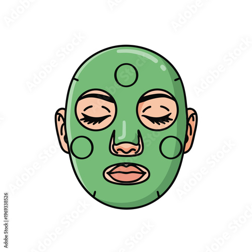 A stylized illustration of a face with a green sheet mask, eyes closed, and lips slightly parted