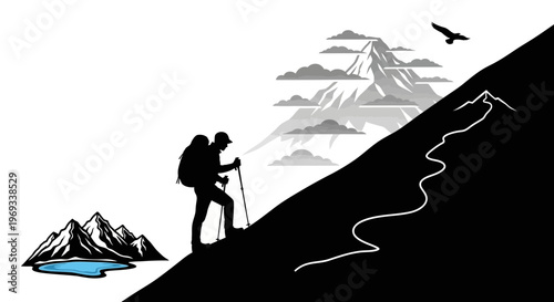 Silhouette of a hiker climbing a mountain with eagle flying overhead