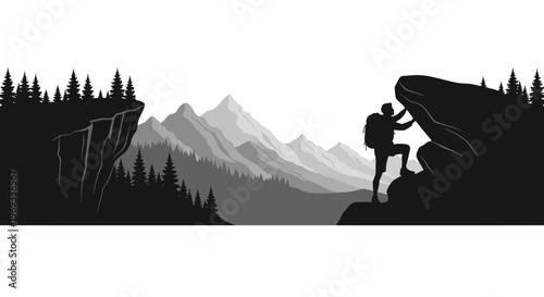 Silhouette of a hiker climbing a rock with forest and mountain scenery