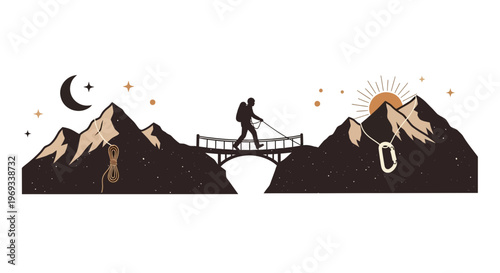 Silhouette of a hiker crossing a bridge in mountains with sunrise and sunset