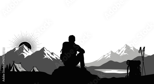 Silhouette of a hiker enjoying mountain view with tent and sunrise