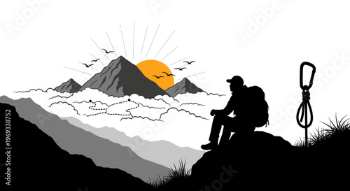 Silhouette of a hiker enjoying the view of mountains and sunrise