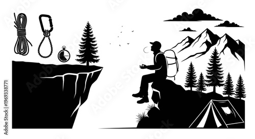 Silhouette of a hiker enjoying the view at mountain cliff edge