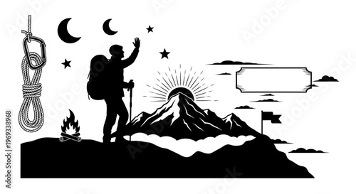 Silhouette of a hiker on a mountain peak with climbing equipment and sunset