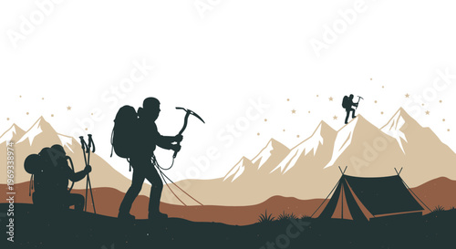 Silhouette of a hiker on mountain peak at sunset vector illustration