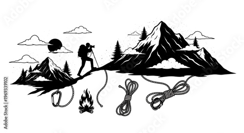 Silhouette of a hiker photographing mountain landscape and climbing gear