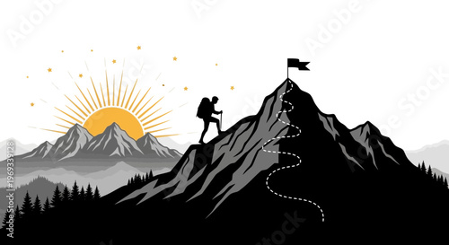 Silhouette of a hiker reaching a mountain peak with rising sun illustration