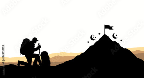 Silhouette of a hiker reaching mountain peak with flag and stars