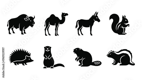 A collection of eight animal silhouettes including a bison camel donkey squirrel and others on a white background silhouette high quality
