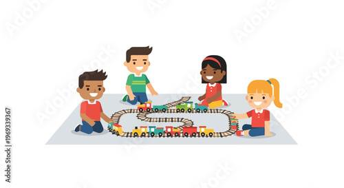 Four diverse children are happily playing together with a toy train set on a grey play mat in a minimalist vector illustration style.
