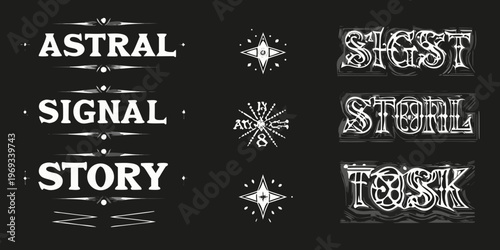 Stylized typography with astral and cosmic themed decorative elements