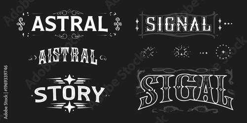 Elegant typographic designs featuring astral and signal themes in white