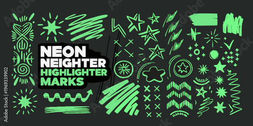 A vibrant collection of neon highlighter style marks and graphic elements