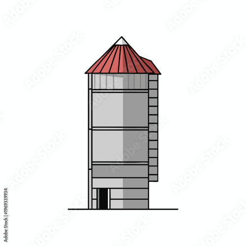 Minimalist depiction of a tall, grey, cylindrical silo with a red, conical roof