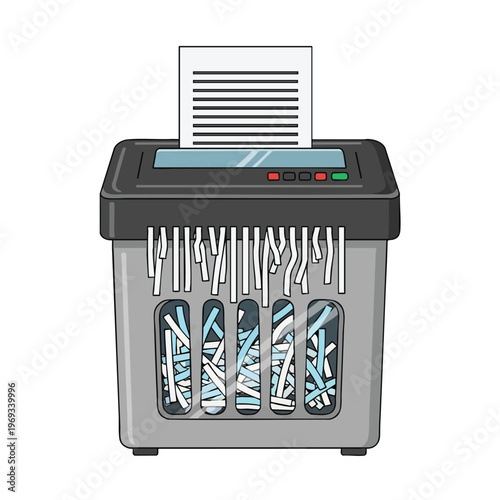 A paper shredder destroying a document, with shredded paper falling into bin