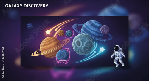 Galaxy, space, astronomy, vector illustration, planets, stars, astronaut, discovery