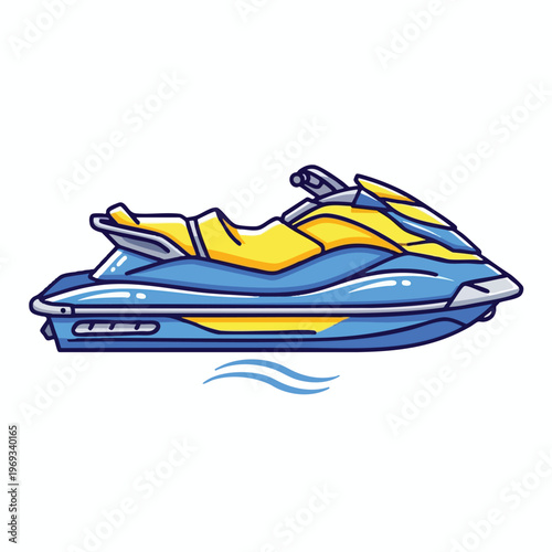 Colorful jet ski with yellow seat and blue hull floats on gentle waves