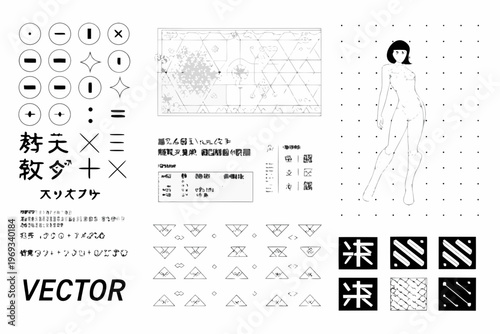 Technical illustration featuring a fashion figure with geometric and textual elements