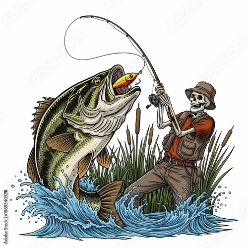 Skeleton fisherman catching largemouth bass with lure in water vintage woodcut style illustration