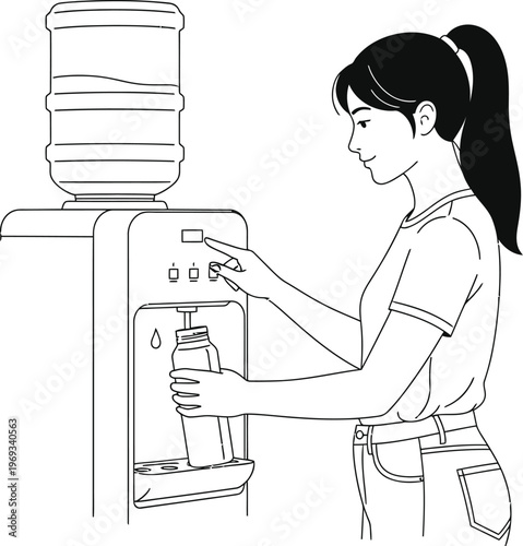 Woman filling bottle at a water cooler dispenser machine