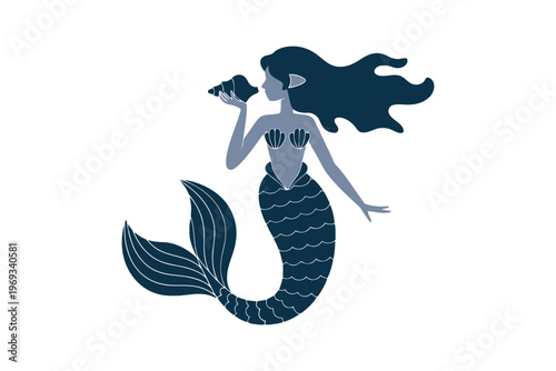 Blue mermaid with flowing hair holding a seashell against a white background tail fins