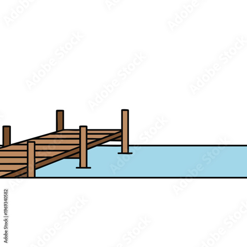 Simple wooden pier extends into calm blue water, white background