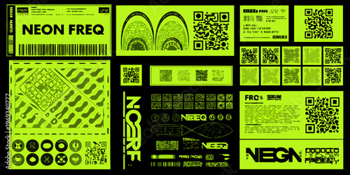 Abstract neon frequency collage with barcodes and qr codes on green