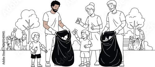 people picking up trash in a park with large garbage bags