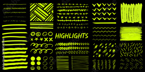 A collection of vibrant highlighter marks and doodle like line patterns