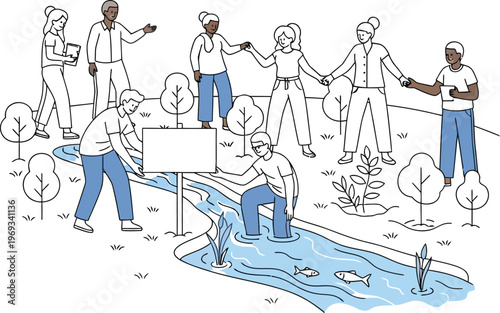 Diverse group of people working together to save environment and restore ecosystem