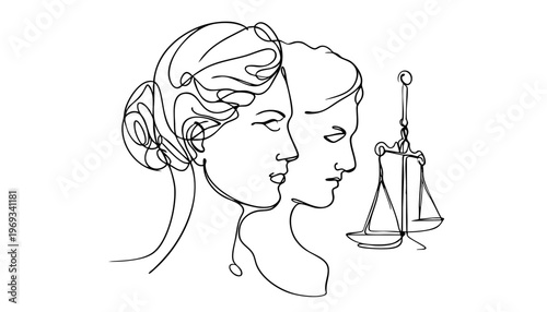 Minimalist continuous line art of two profiles facing forward next to a balance scale. Symbolizing legal equality, partnership, and fair judgment.