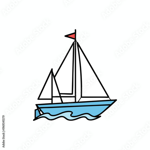 A simple, stylized sailboat with white sails and a blue hull, sailing on wavy blue water