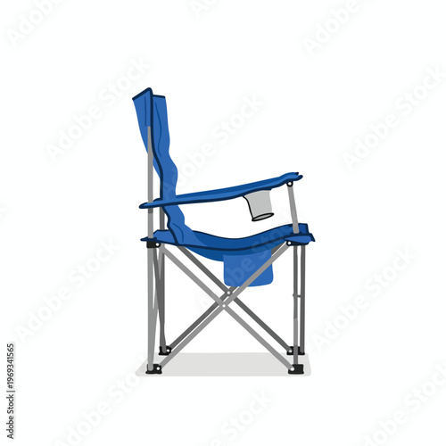 A blue foldable camping chair with a cup holder stands on a white background